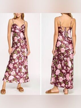 Beauty & Grace Floral Satin Slip Maxi Dress - Pink Rose on Burgundy NWT